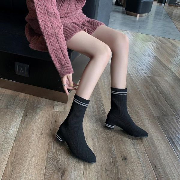 

women's autumn boots socks knitted mid calf boots thick heel letter decoration stretch fabric low heel short black 2020