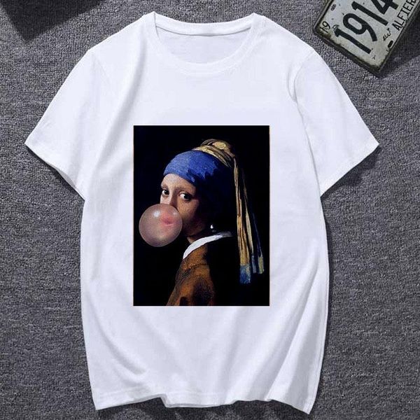 

female t-shirt spoof mona lisa fun printed t-shirt harajuku casual thin section women clothing leisure streetwear t-shirt, White