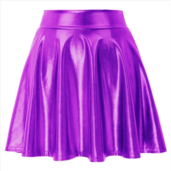 

imitated leather skirt women solid color shiny skater skirts summer ladies girl casual stage dance mini swing a line falda, Black