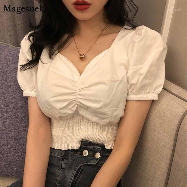 

bubble short sleeved sweet women v-neck shirts summer new short white blouse ladies waist hugging chemisier femme 100201