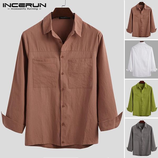 

mens solid color pockets camisa fashion long sleeve lapel shirts vintage cotton blusas loose buttons chemise streetwear incerun1, White;black