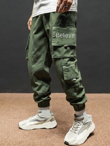 

men letter graphic flap pocket side drawstring waist cargo pants c0ew#, Black