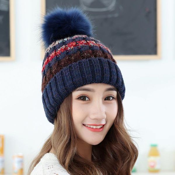 

han chao knitted autumn and winter leisure all-match double-layer plus velvet warmth month woolen ear protection hair ball cap, Blue;gray