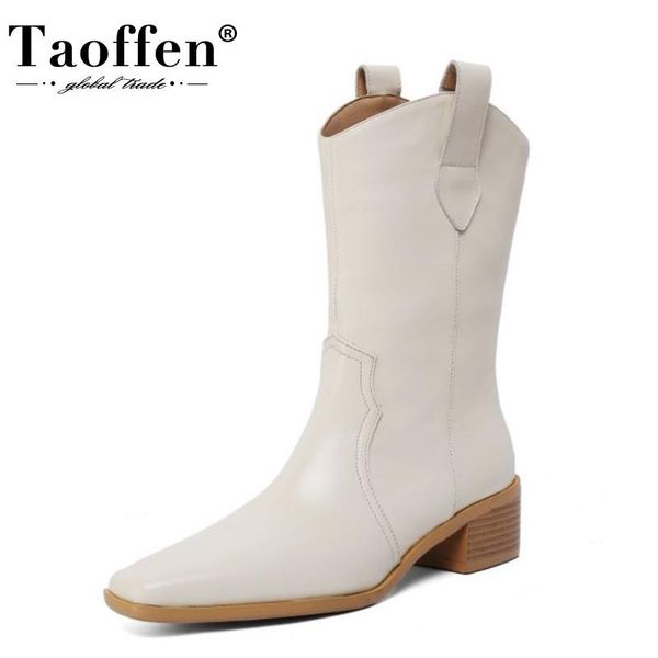 

boots taoffen real leather women mid calf strange heel square toe slip on shoes warm party footwear size 34-40, Black