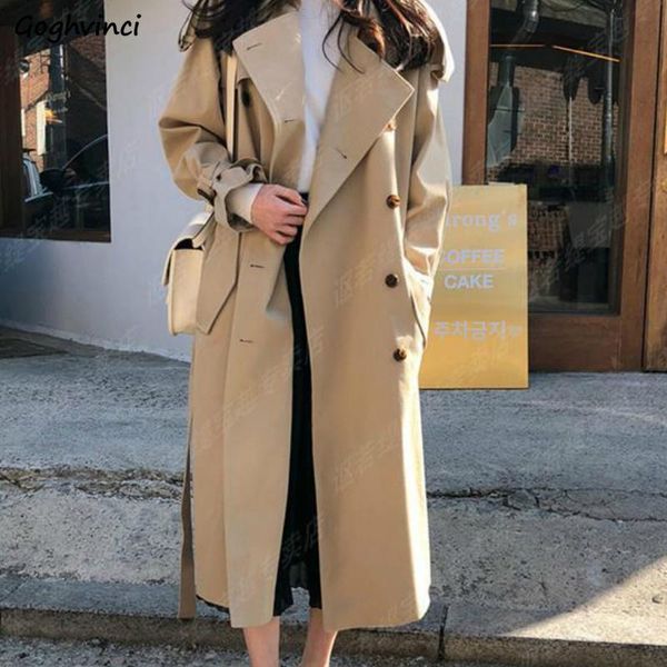 

women trench solid color single breasted calf-length coat autumn ladies button all-match korean style simple casual ulzzang chic, Tan;black