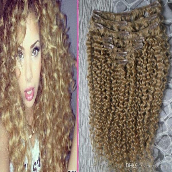 

brazilian virgin hair honey blonde kinky clip ins 100g 7pcs brazilian kinky curly clip in human hair extensions, Black;brown