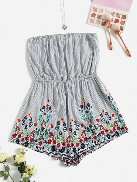 

plus striped & floral print tube romper y0n9#, Black