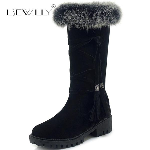 

lsewilly 2020 winter warm snow boots women faux fur squaure med heels riding mid calf boots female shoes round toe tassel 34-43, Black