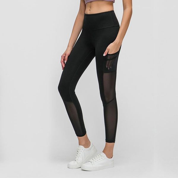 

mesh patchwork naked-feel fabric workout yoga pants tights women high waist athletic sport fitness leggings with pocket kg-85, White;red