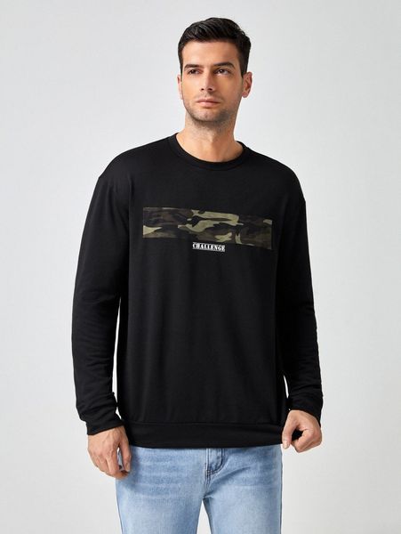 

men camo print drop shoulder pullover u6gk#, Black
