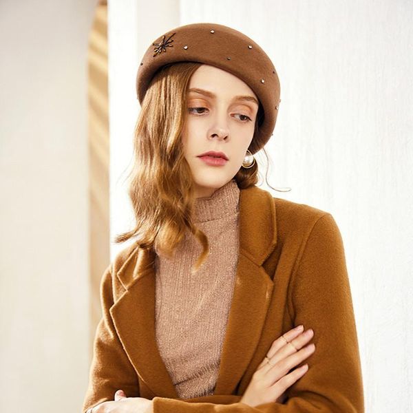 

h781 women beret hat girl winter fall british woolen cap female shopping party banquet diamond decoration elegant simple hats1, Blue;gray