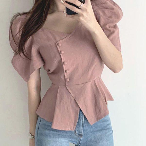 

ewq] 2020 summer square collar side single-breasted ruffle design puff sleeve short shirt coats simple womens blouses 4 color1, White