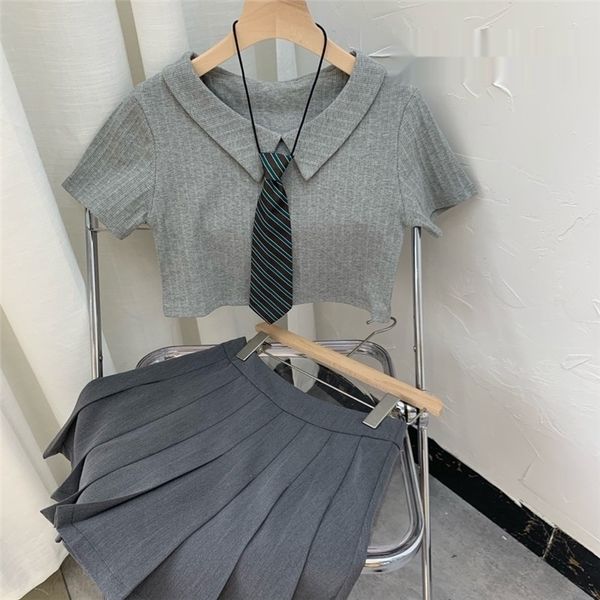 

tkcp0 2020 short women's summer t-shirt jkstyle design niche tie coat t-shirt high waist pleated skirt 1btvl, Gray