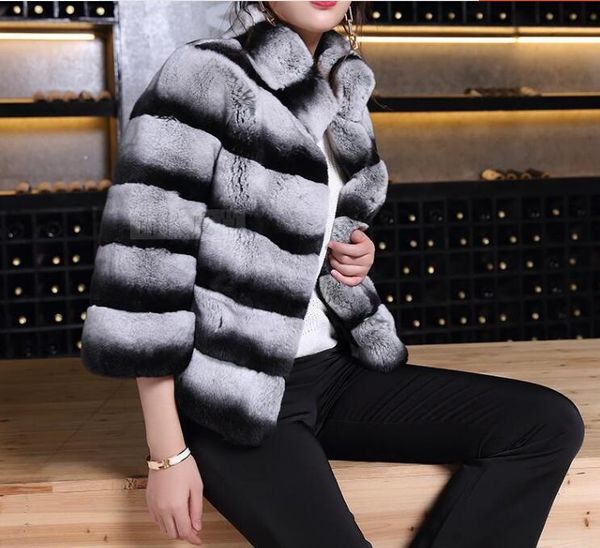 

women's fur & faux chinchilla real coat for women genuine rex outerwear natural jackets waistcoat, Black