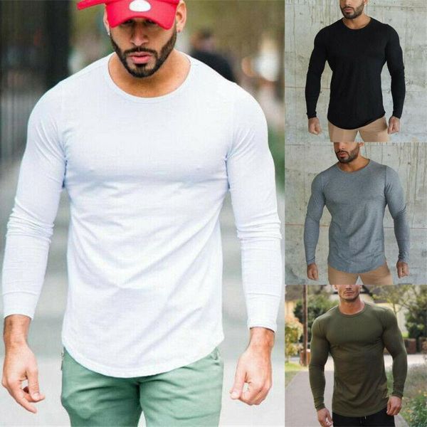 

men's slim bodybuilding long sleeve t-shirt muscle fitness gym workout tee, White;black