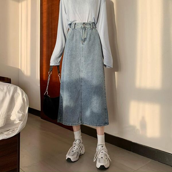 

skirts womens skirt vintage clothes denim long blue harajuku summer high waist streetwear 2021 fall the flowy fashion, Black