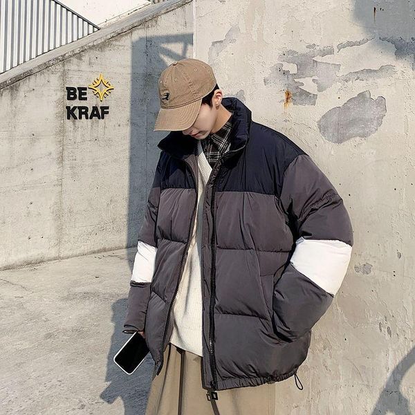 

winter jacket men's warm fashion hit color casual thickened stand-up collar coat parka men loose korean short coat mens clothes, Black
