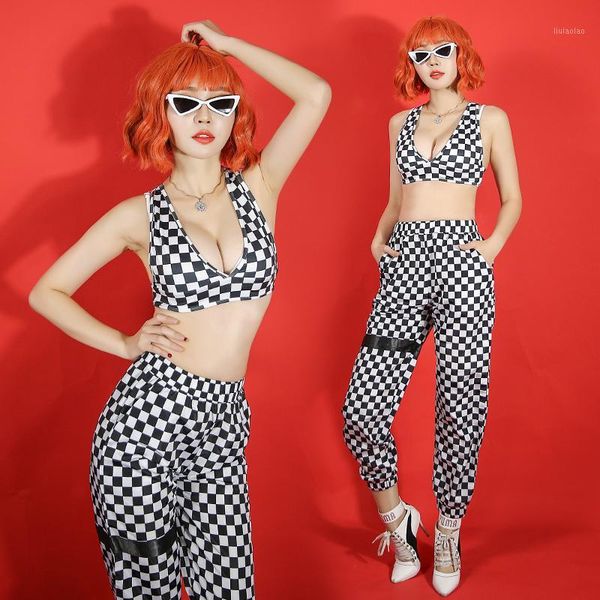 

hip hop dance costumes plaid pants nightclub dj ds gogo singer costume women rave performing clothes female wears dn29071, Black;red