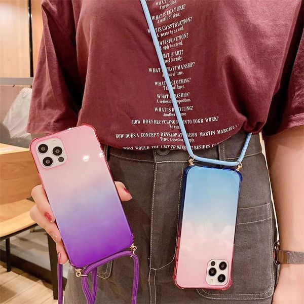 

43fgnew fashion color 2020 gradient mobile phone silicone soft tpu protective case with hanging rope for iphone 12pro 6.1inch