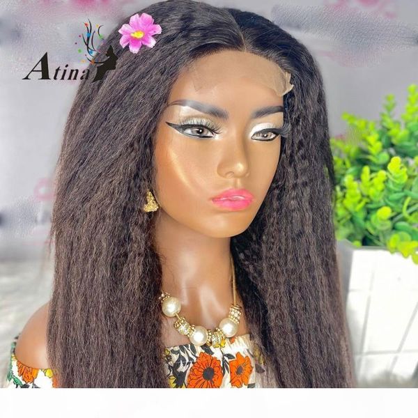

13x4 lace front human hair wig pre plucked bleach knots kinky straight 4x4 closure wig brazilian remy for black women atina, Black;brown