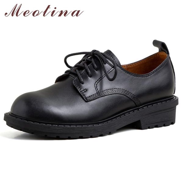 

meotina high heels women pumps natural genuine leather square heels derby shoes real leather round toe shoes ladies size 34-40, Black