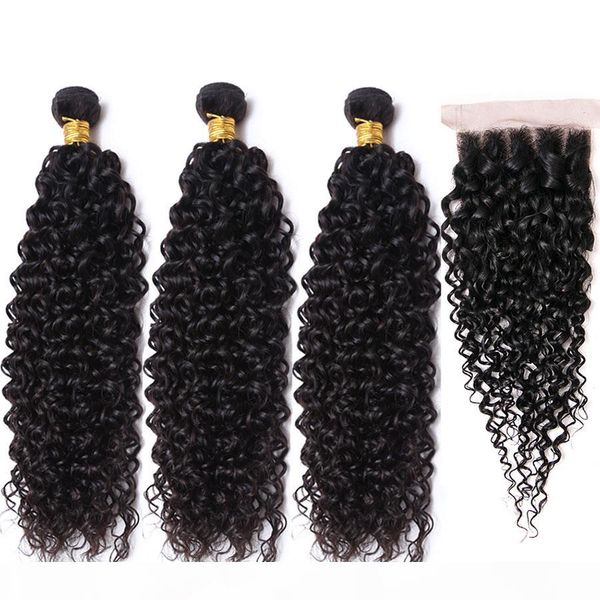 

cambodian curly virgin human hair weaves 3 bundles with 1 pcs lace closures 8a cambodian deep jerry curly remy hair extensions natural color, Black