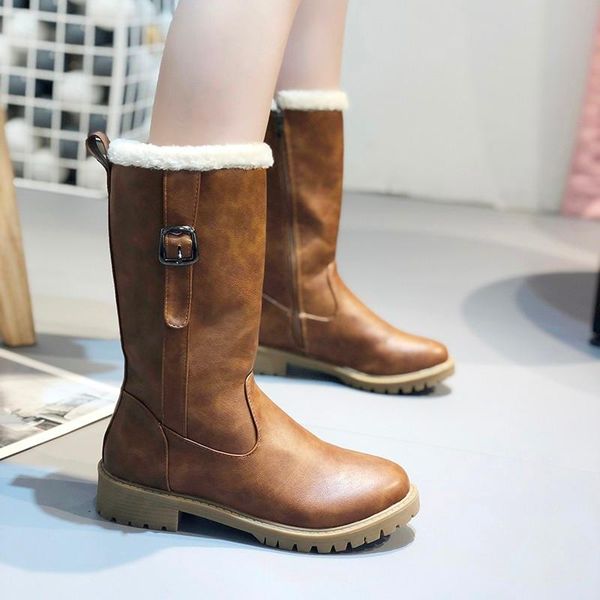 

weweya waterproof cowboy mid-calf boots women zipper shoes woman winter plus fur warm platform leather boots buckle big size 43, Black