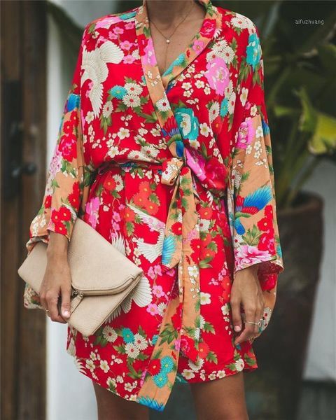

summer women long sleeve bohemian floral casual loose long blouse kimono cardigan flare sleeve print thin shirt1, White