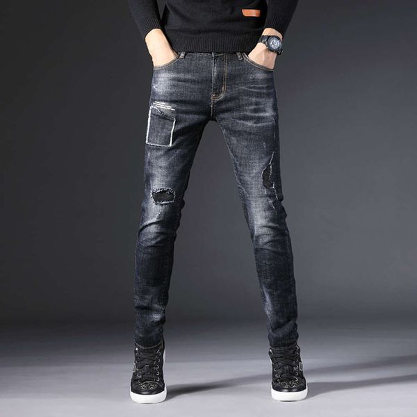 

autumn and winter new jeans men's slim small straight elastic hole patch printing style sao qi embroidery plum blossom, Blue