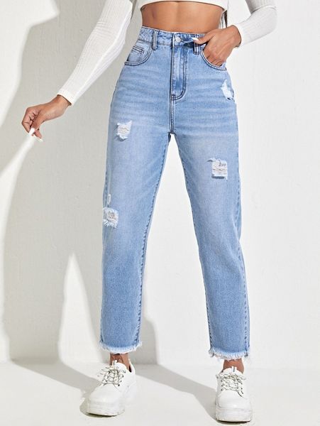 

raw hem ripped jeans n8tn#, Blue