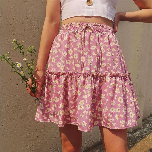 

new ladies summer skirt women bohe casual high waist ruffled floral print chiffon beach short women mini skirts female saia, Black
