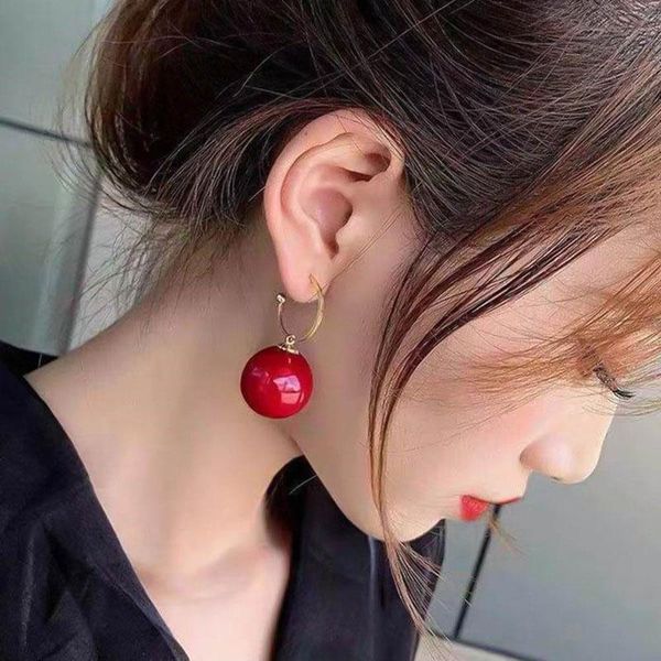 

hoop & huggie 1 pair trendy style elegant large round white pearl drop earrings big ball bead pendant dangle for women gift, Golden;silver