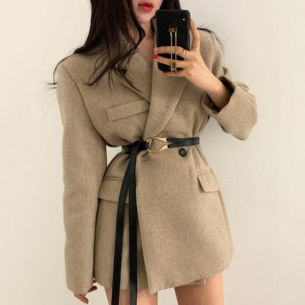 

ewq] autumn winter double breasted minimalist korean ladies jacket women short coat with belt long sleeve thick laise overcoats, Black;brown