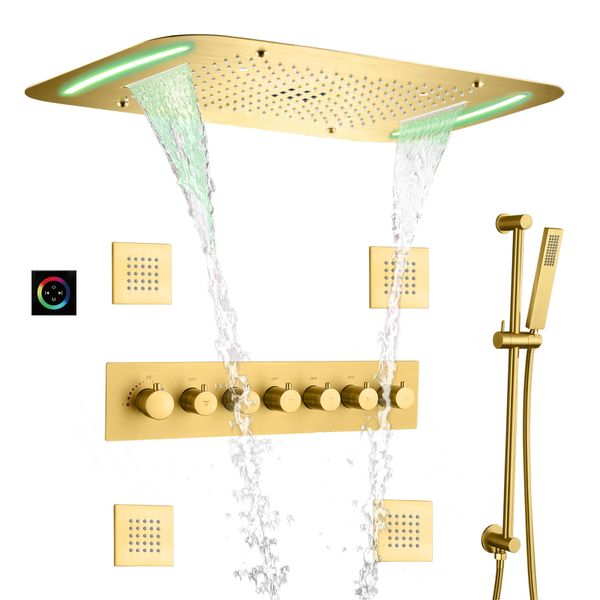 Sistema de chuveiro de chuva dourado escovado 71x43 cm banheiro led de banheiro multifuncional Termostático Mixer de chuveiro escondido