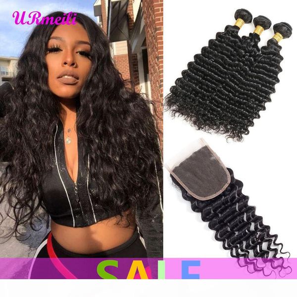 

deep wave 3 пачки с закрытием 100% человеческих волос пучки с closure бразильский девы волос плетение связки remy выдвижения волос, Black;brown