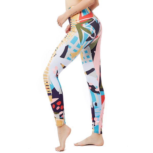 

9309 abstract combined leaf stitching women's printed leggings cropped pencil pants with high elasticity, Black