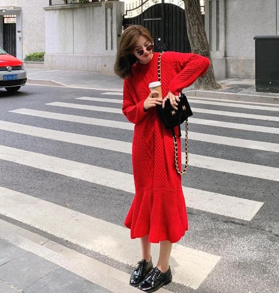 

will fall and winter falbala fishtail dress female easy twist restoring ancient ways round collar texture knee-length dress, Black;gray