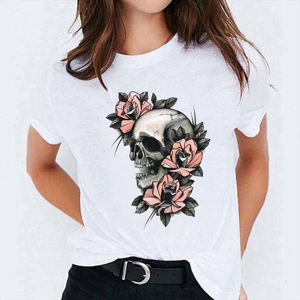 

t shirt for women short sleeve floral skull mujer camisetas halloween print lady t shirts female tee womens graphic shirt, White