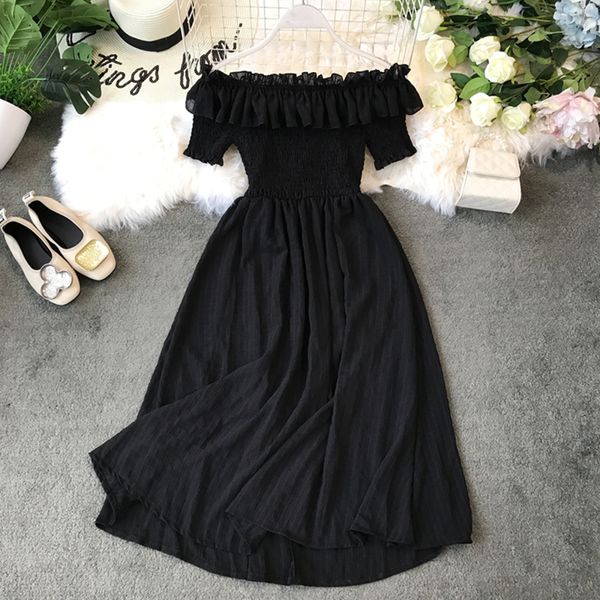 

women off the shoulder dressed 2021 new summer ladys slash neck short sleeve high waist medium dress long 9ec9, Black;gray