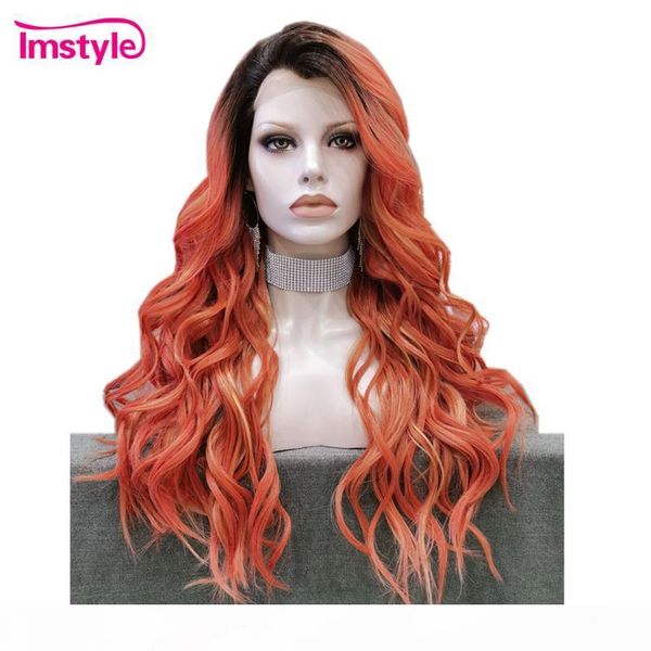 

imstyle synthetic lace front wig orange red wigs for women dark root heat resistant fiber long wavy wig multicolor cosplay, Black