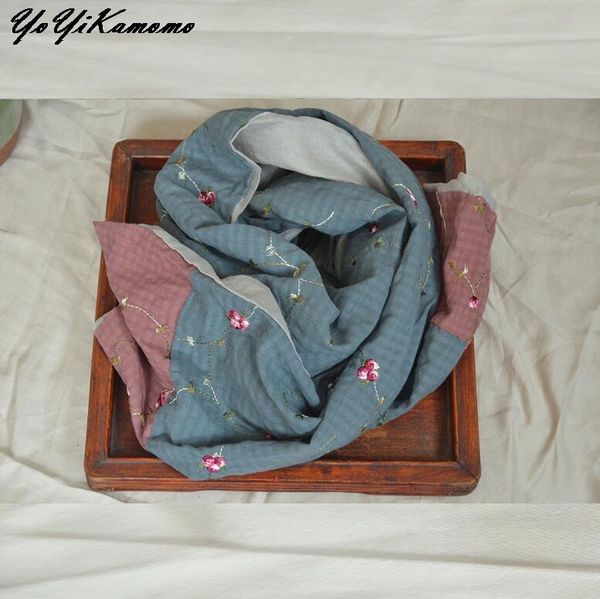 

women cotton linen loose scarf 2021 autumn winter big scarf embroidery casual big size floral women, Blue;gray