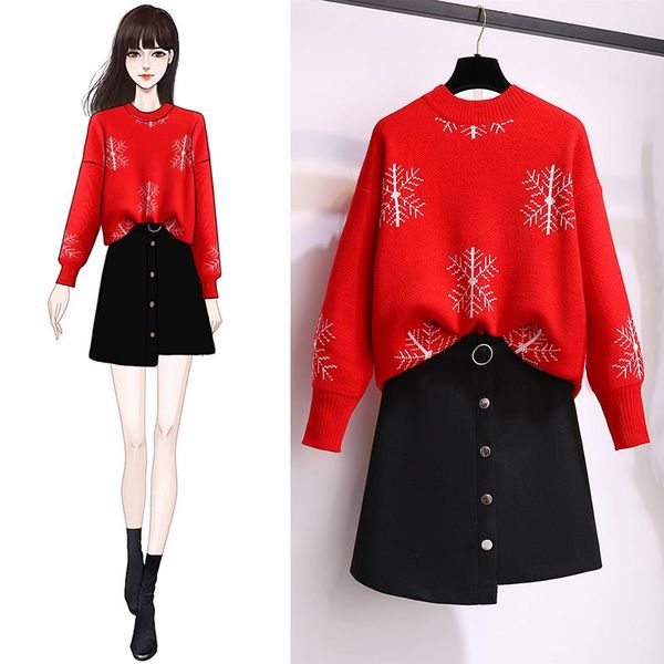 

ichoix winter snowflake knitted sweater christmas new year red sweater woolen irregular a-line black skirt 2 piece set s-xl, Gray