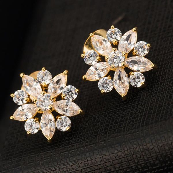 

stylish flower shaped micro-inlaid colorful zircons earrings chic ear studs earrings jewellery gift (golden), Golden;silver