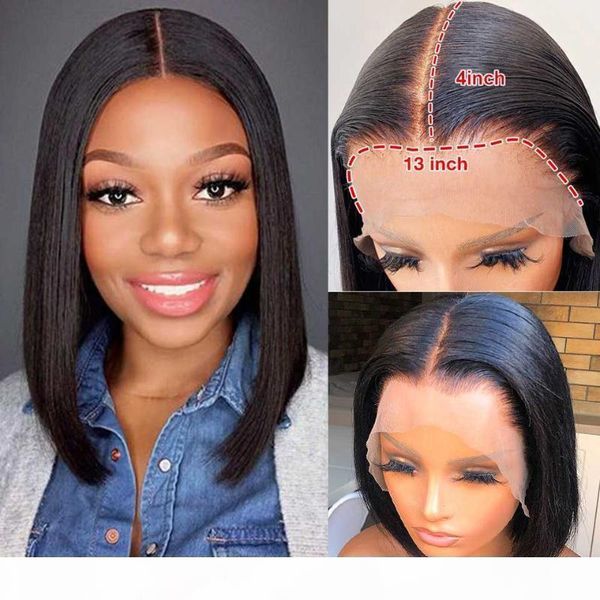 

180% short bob straight lace front wig hd transparent lace front human hair wigs remy t part malaysian straight huamn hair wigs, Black;brown
