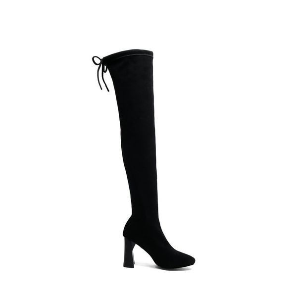 

2021 new stretch flock square heel winter warm fur women shoes round toe lace up casual over the knee high boots size 34-39 qy2p, Black