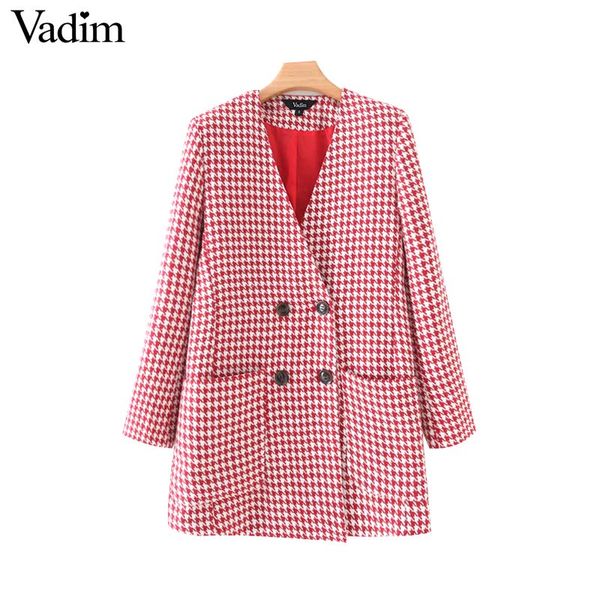 

vadim women elegant houndstooth plaid blazer v neck checkered long sleeve pockets coat female office wear fashion ca537, White;black