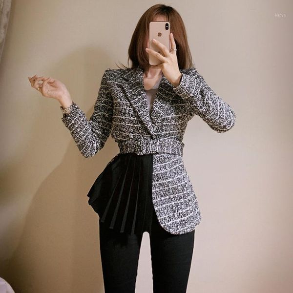

plaid blazer 2020 women spring-autumn vintage tweed suits jackets office ladies chic belted slim pleated patchwork coat1, White;black