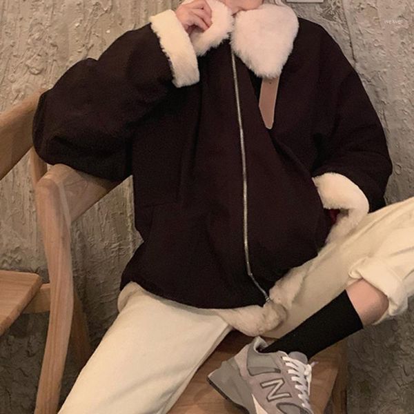 

korean version japanese jacket autumn winter fashion casual retro thicken keep warm lambswool zipper lapel long sleeve1, Black;brown