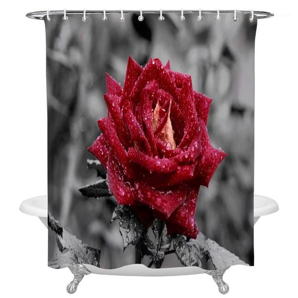 

modern printing shower curtain with hooks red rose flower waterdrop leaf gray bath curtains waterproof polyester bathroom decor1