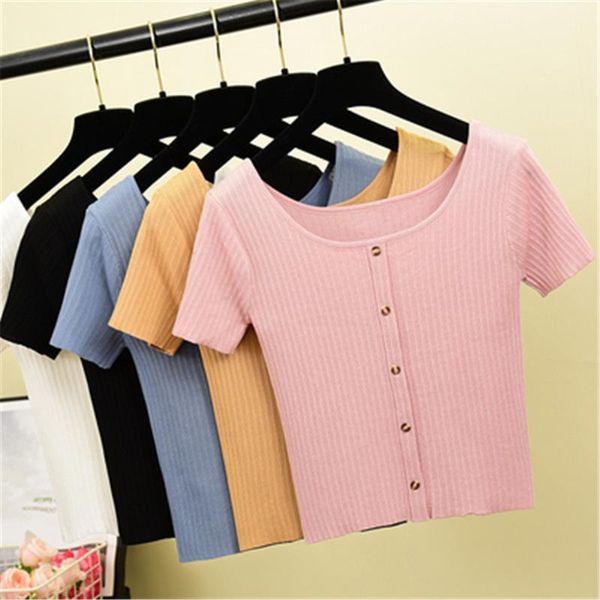 

korean vintage solid button slim summer knit t-shirt casual women t shirt tee crop trend thin elegant short sleeve tshirt1, White